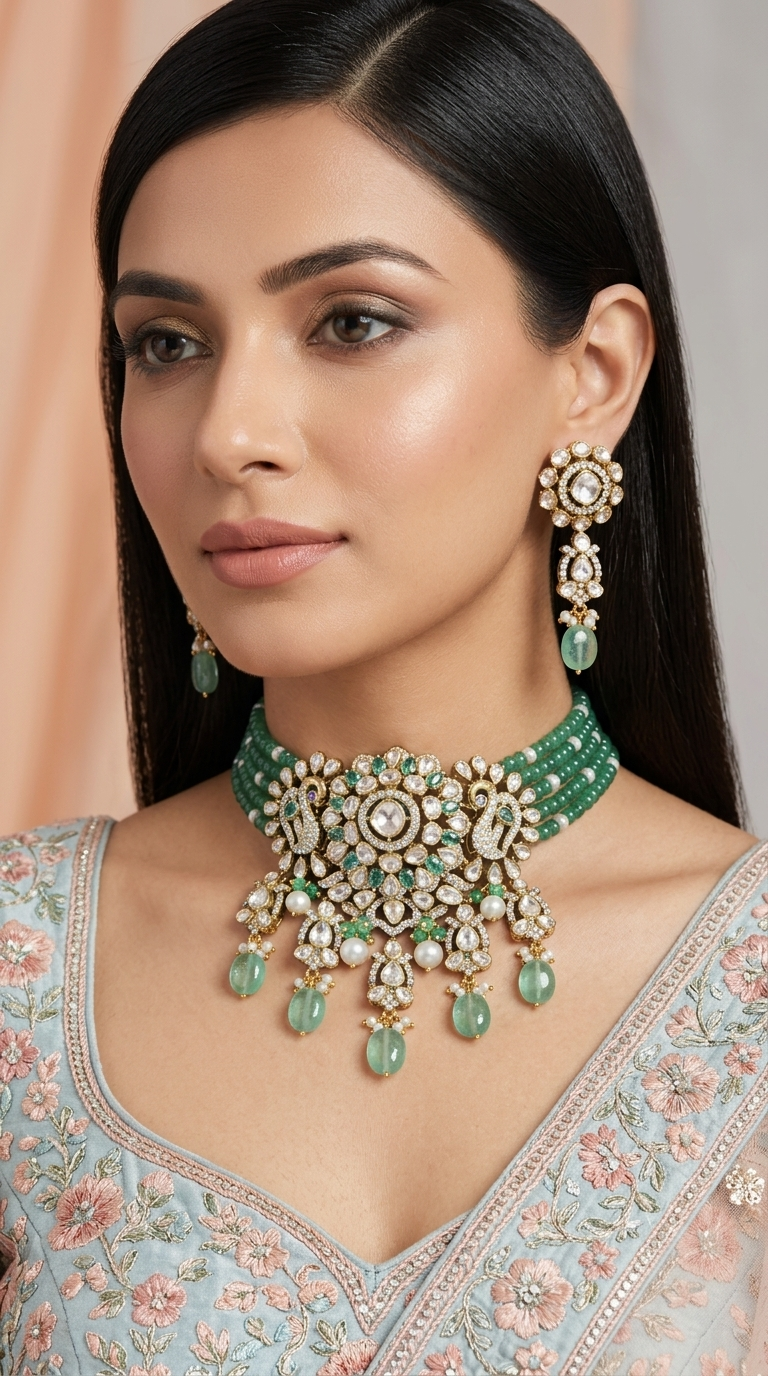 925 Silver And Moissanite Polki  Choker Necklace Set With Strawberry Quartz And Pearls - G. K. Ratnam