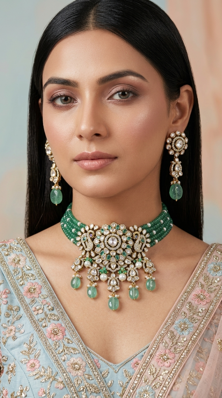 925 Silver And Moissanite Polki  Choker Necklace Set With Strawberry Quartz And Pearls - G. K. Ratnam