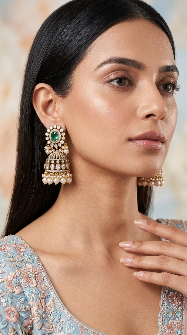925 Silver And Moissanite Polki Jhumki Earrings With Pearls And Lab Grown Emerald - G. K. Ratnam