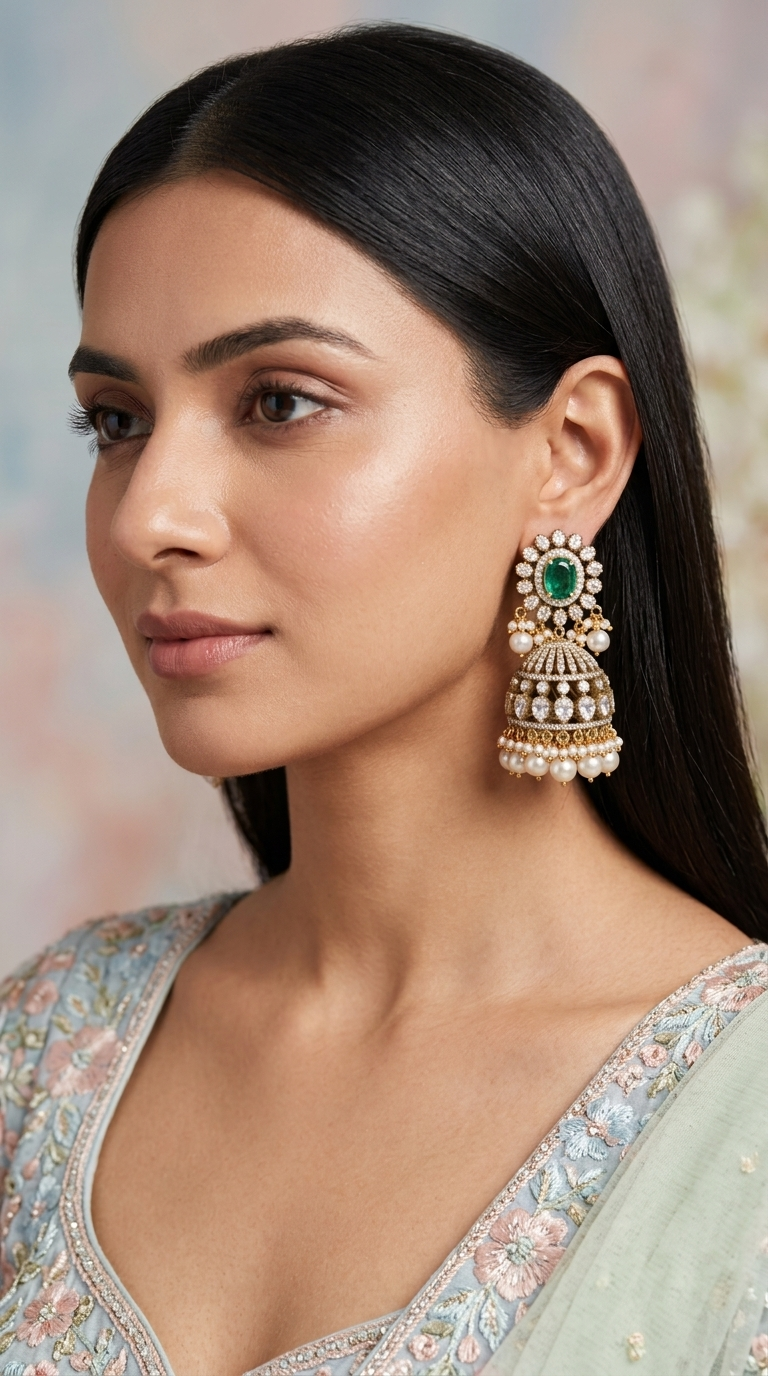 925 Silver And Moissanite Polki Jhumki Earrings With Pearls And Lab Grown Emerald - G. K. Ratnam