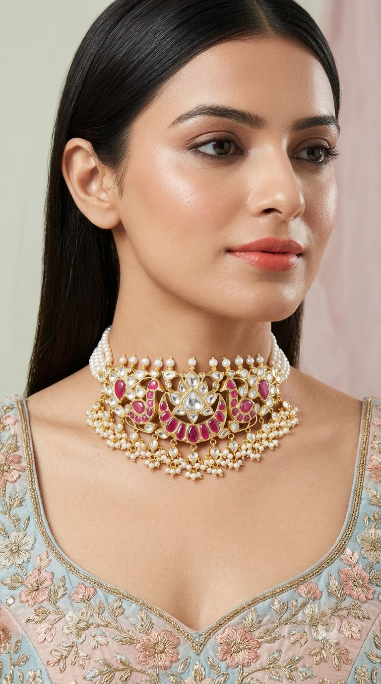 18k Gold and Diamond Polki Choker Necklace with Hyderabadi Pearls - G. K. Ratnam
