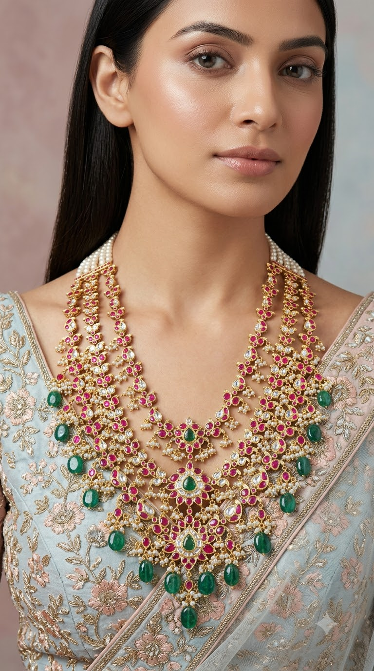 18k Gold and Diamond polki south-style three-layered Necklace