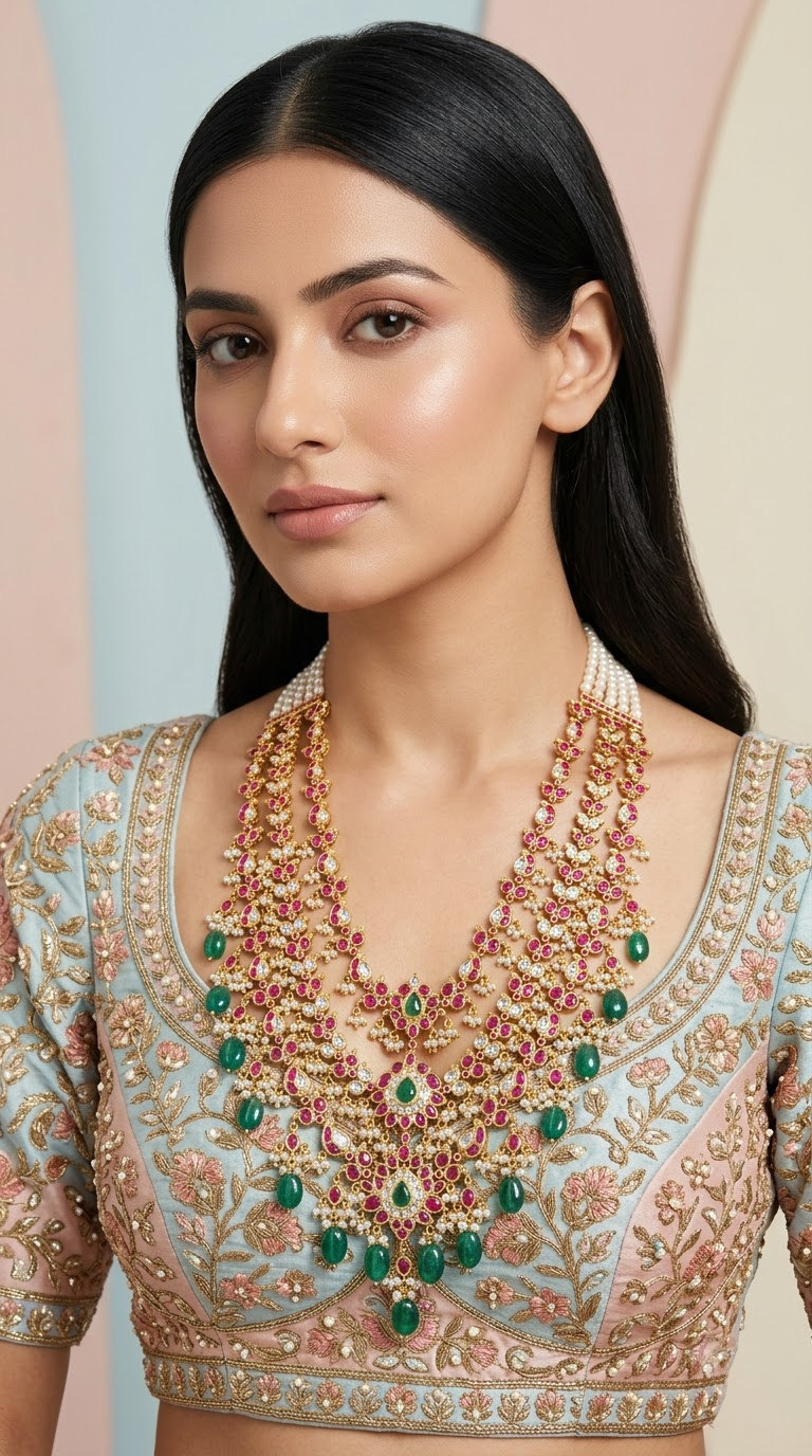 18k Gold and Diamond polki south-style three-layered Necklace