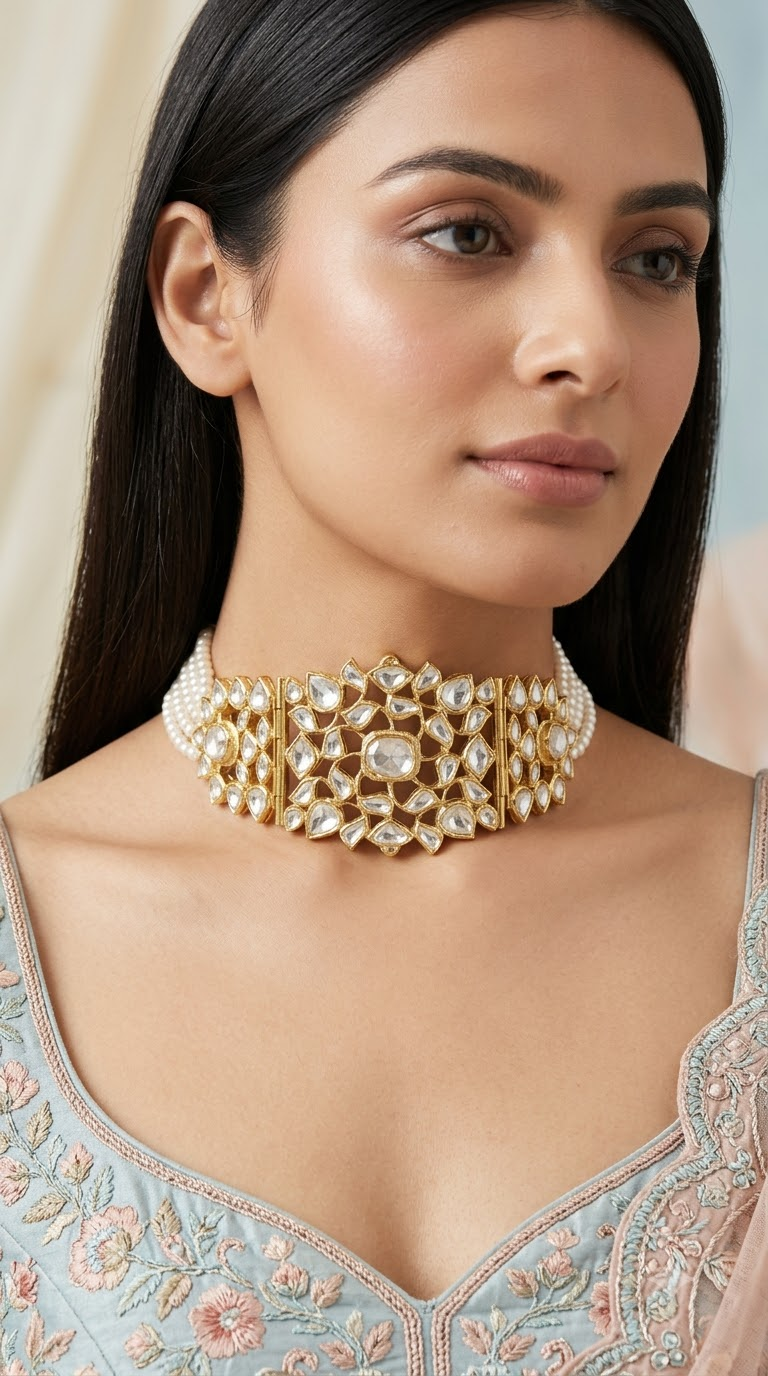 18k Gold and Diamond Polki Choker Necklace with Natural Freshwater Pearls