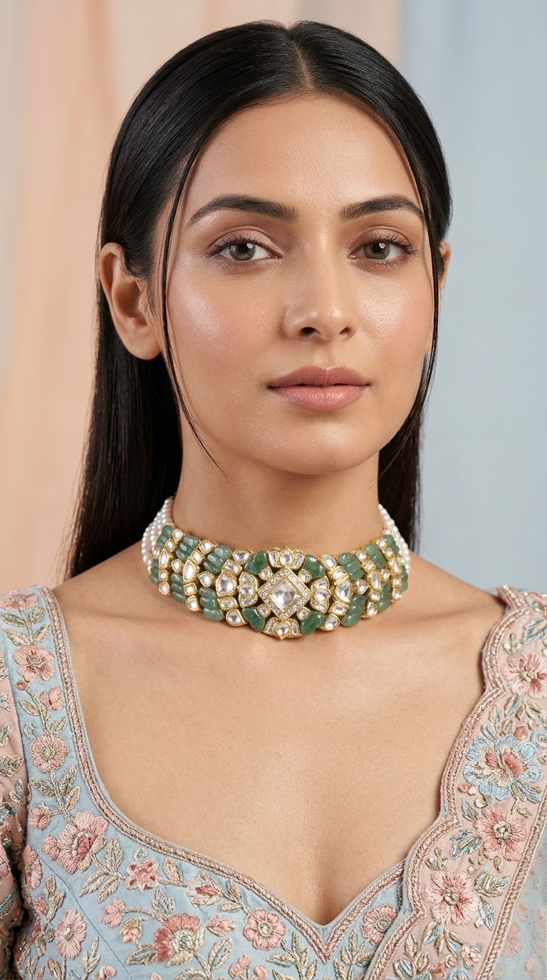 18k Gold and Diamond Polki Choker Necklace