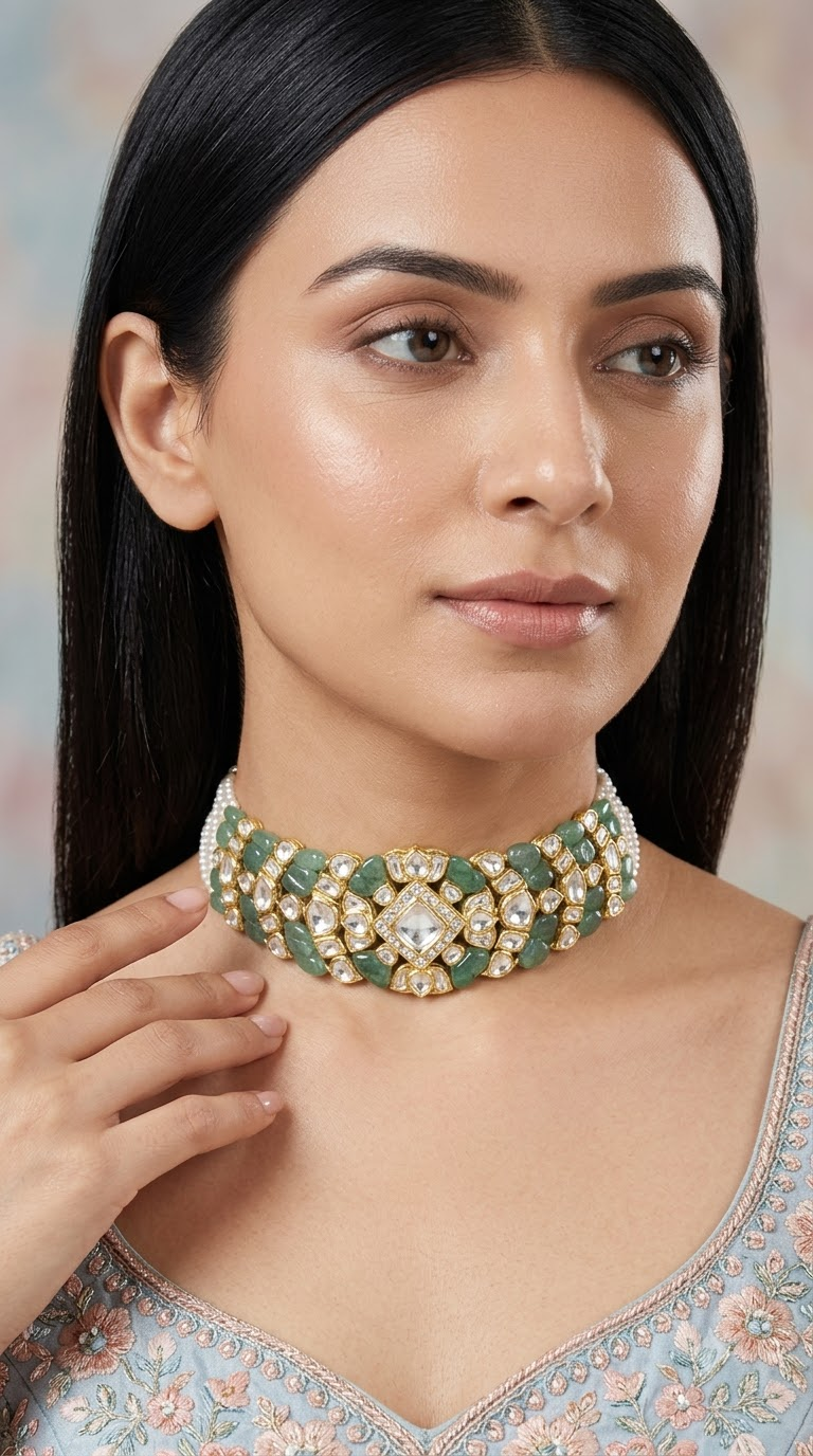 18k Gold and Diamond Polki Choker Necklace