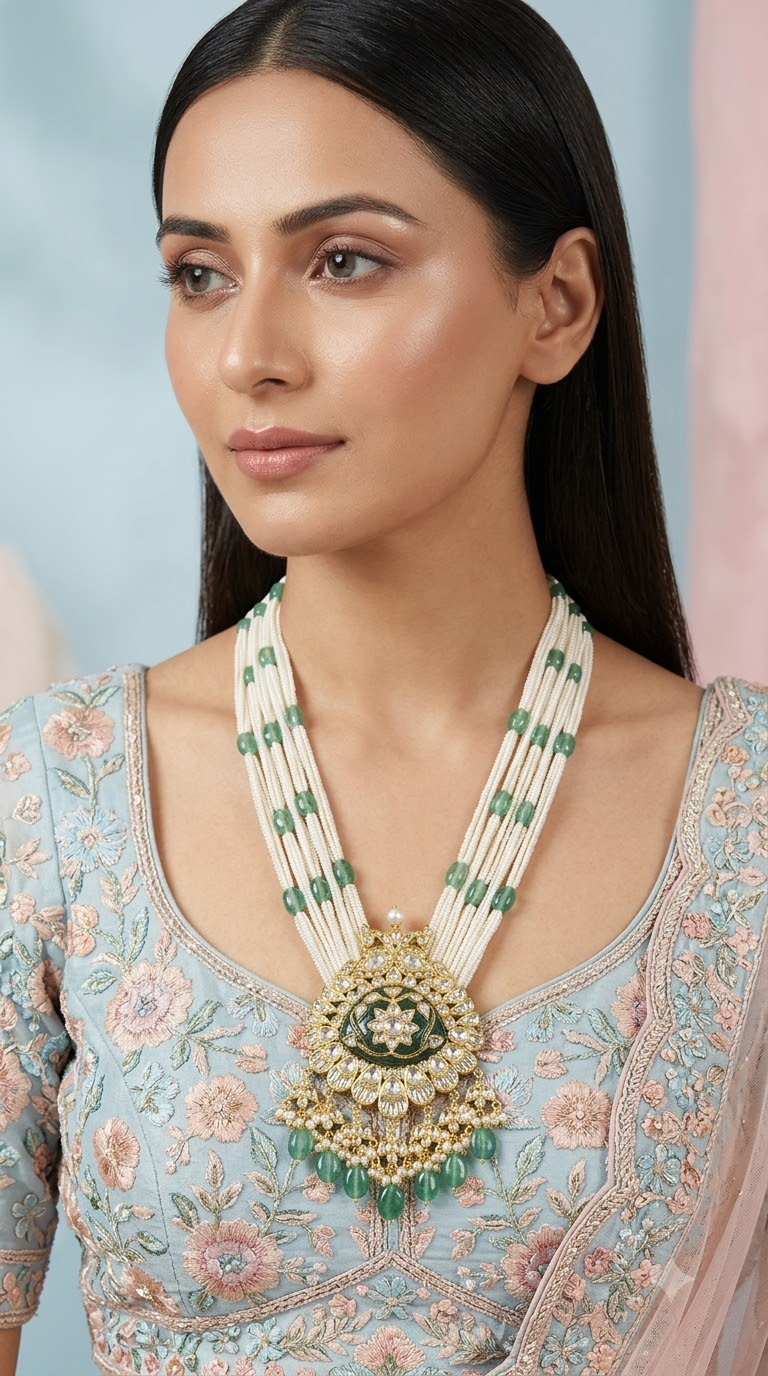 18k Gold and Diamond Polki Pendant with a hand-carved Holdali stone at the center