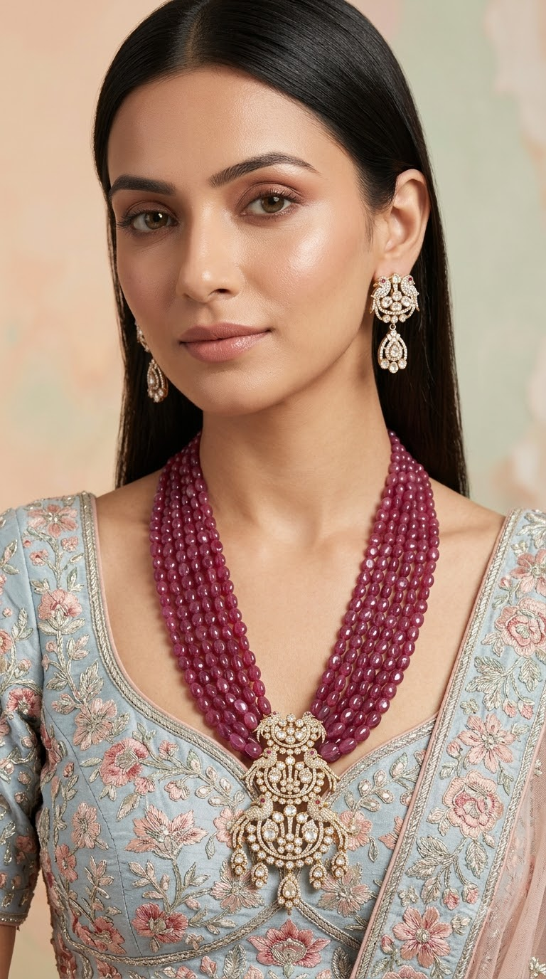 925 Silver Pendant Set strung with Natural (glass-filled) Rubies