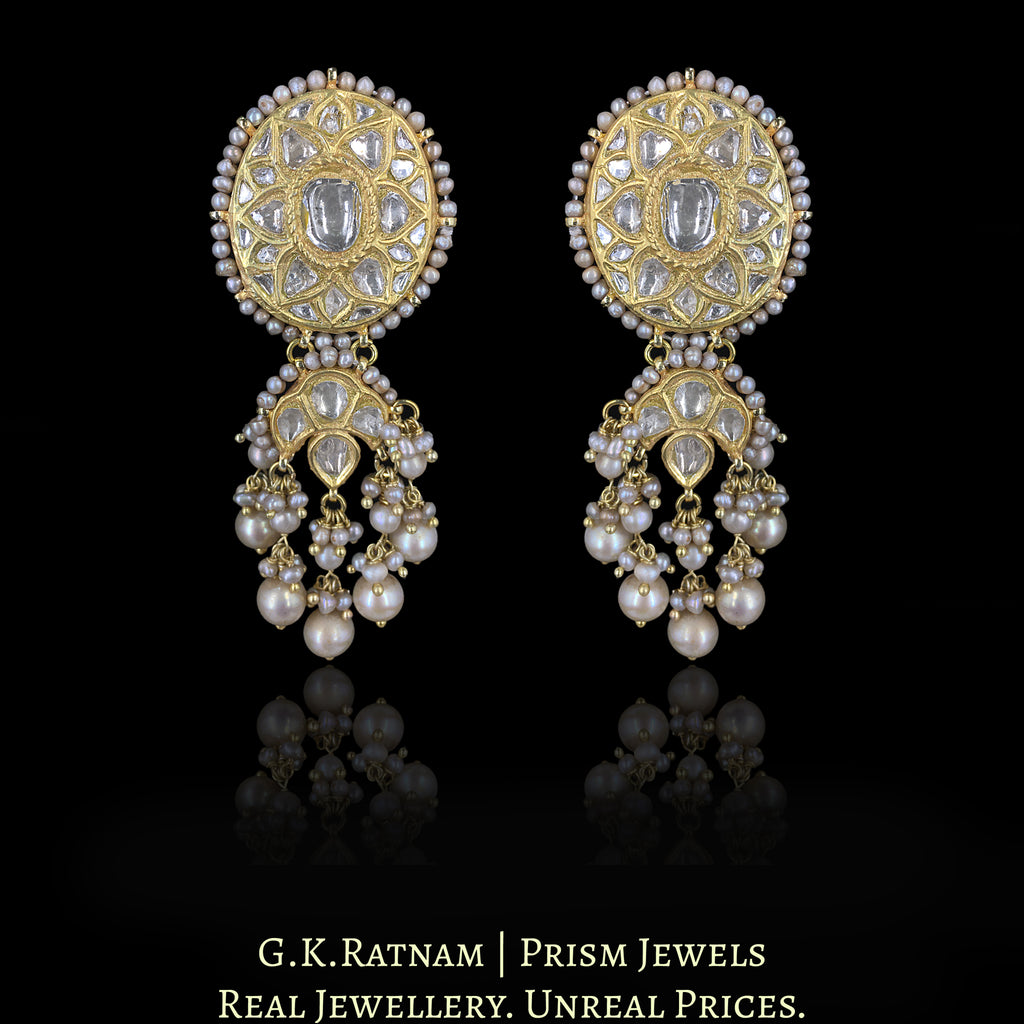 23k Gold and Diamond Polki Long Earring Pair with Antiqued Freshwater Pearls