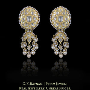 23k Gold and Diamond Polki Long Earring Pair with Antiqued Freshwater Pearls