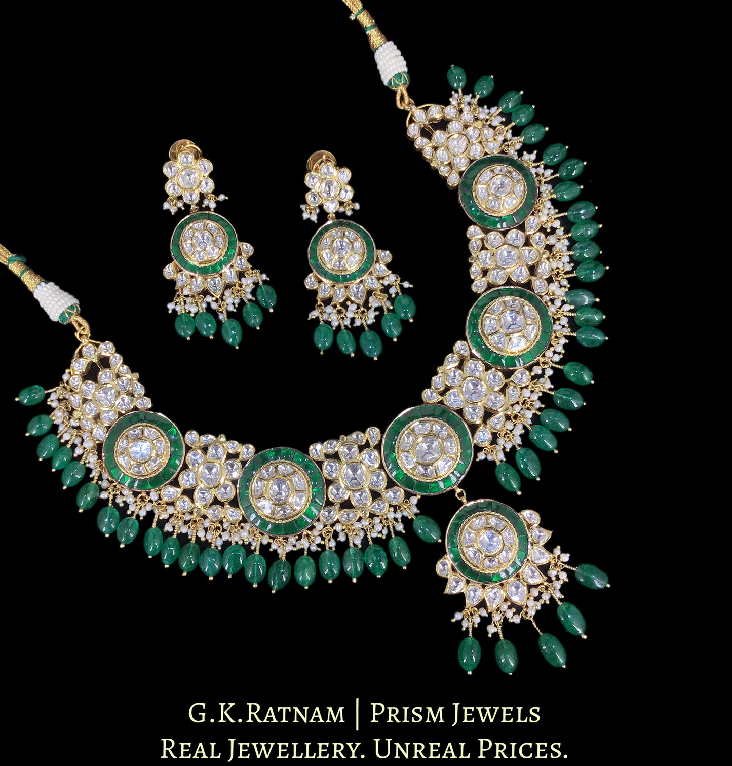 18k Gold and Diamond Polki Necklace Set with emerald-grade Green Beryls and Pearls