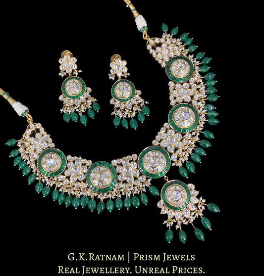 18k Gold and Diamond Polki Necklace Set with emerald-grade Green Beryls and Pearls