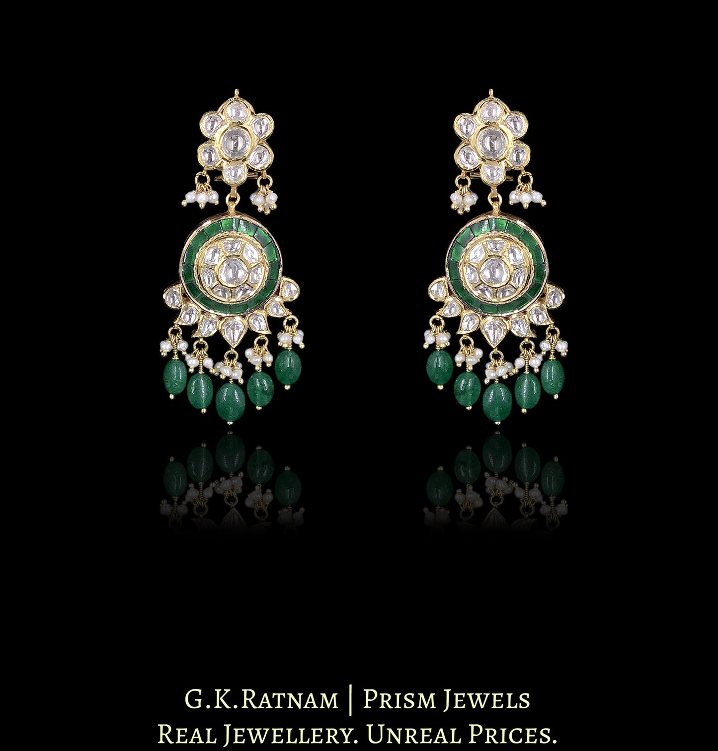18k Gold and Diamond Polki Necklace Set with emerald-grade Green Beryls and Pearls