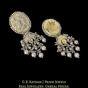 23k Gold and Diamond Polki Long Earring Pair with Antiqued Freshwater Pearls