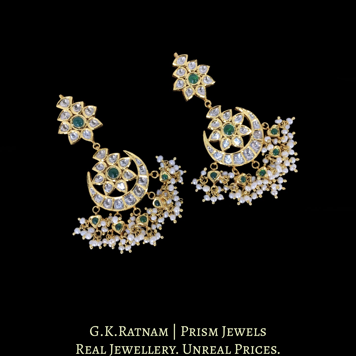 18k Gold and Diamond Polki Necklace Set with concentric crescents and heart-shaped drops