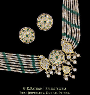 23k Gold and Diamond Polki Choker Necklace Set with Green Beryls and Antiqued Freshwater Pearls