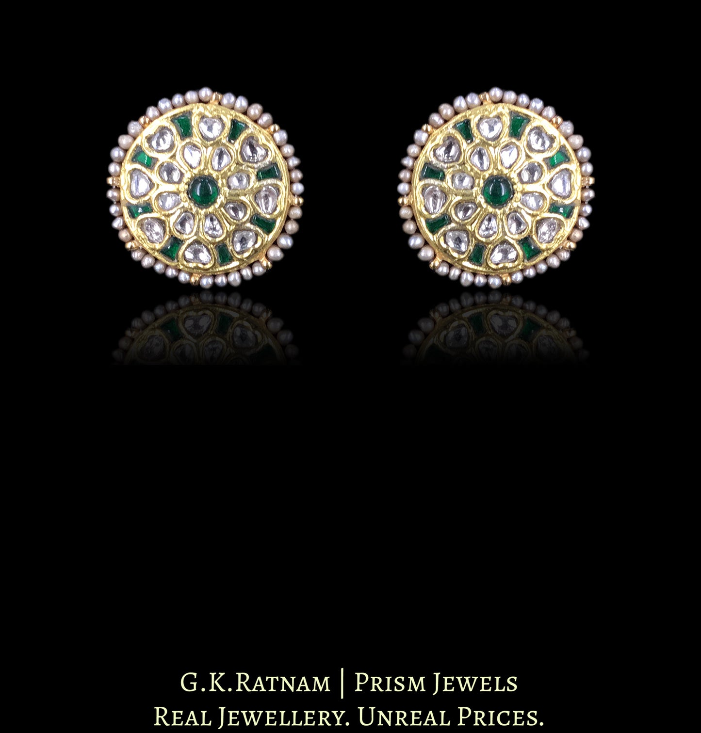23k Gold and Diamond Polki Choker Necklace Set with Green Beryls and Antiqued Freshwater Pearls - G. K. Ratnam