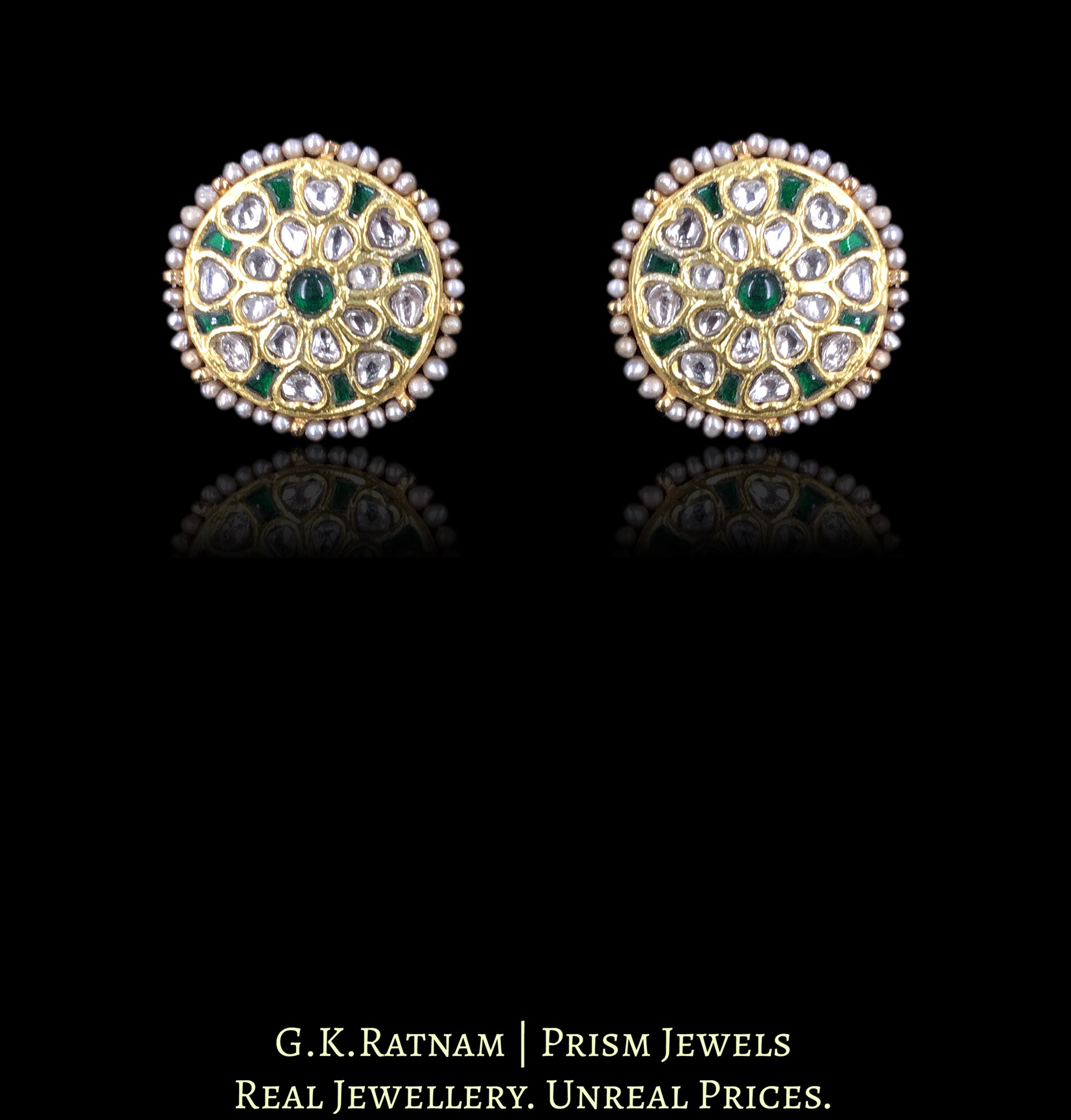 23k Gold and Diamond Polki Choker Necklace Set with Green Beryls and Antiqued Freshwater Pearls - G. K. Ratnam