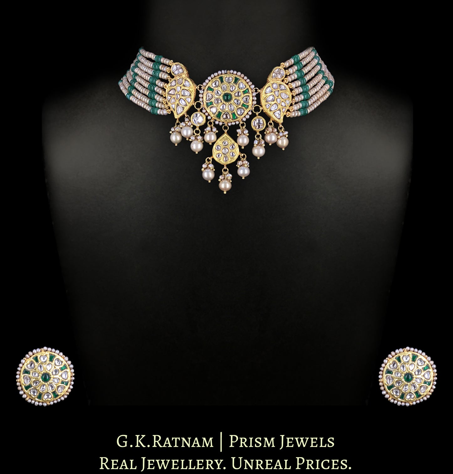 23k Gold and Diamond Polki Choker Necklace Set with Green Beryls and Antiqued Freshwater Pearls - G. K. Ratnam