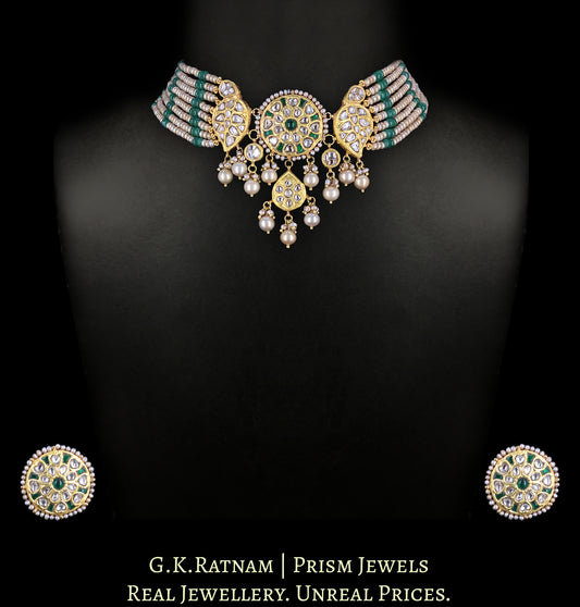 23k Gold and Diamond Polki Choker Necklace Set with Green Beryls and Antiqued Freshwater Pearls - G. K. Ratnam