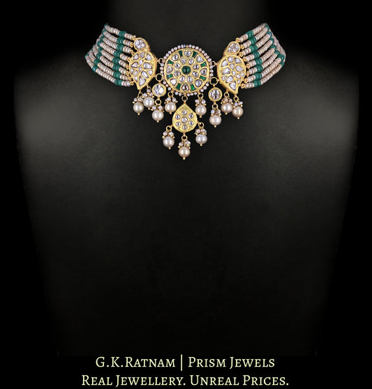 23k Gold and Diamond Polki Choker Necklace Set with Green Beryls and Antiqued Freshwater Pearls - G. K. Ratnam