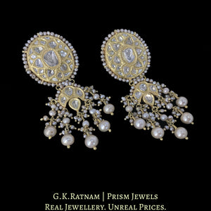 23k Gold and Diamond Polki Long Earring Pair with Antiqued Freshwater Pearls