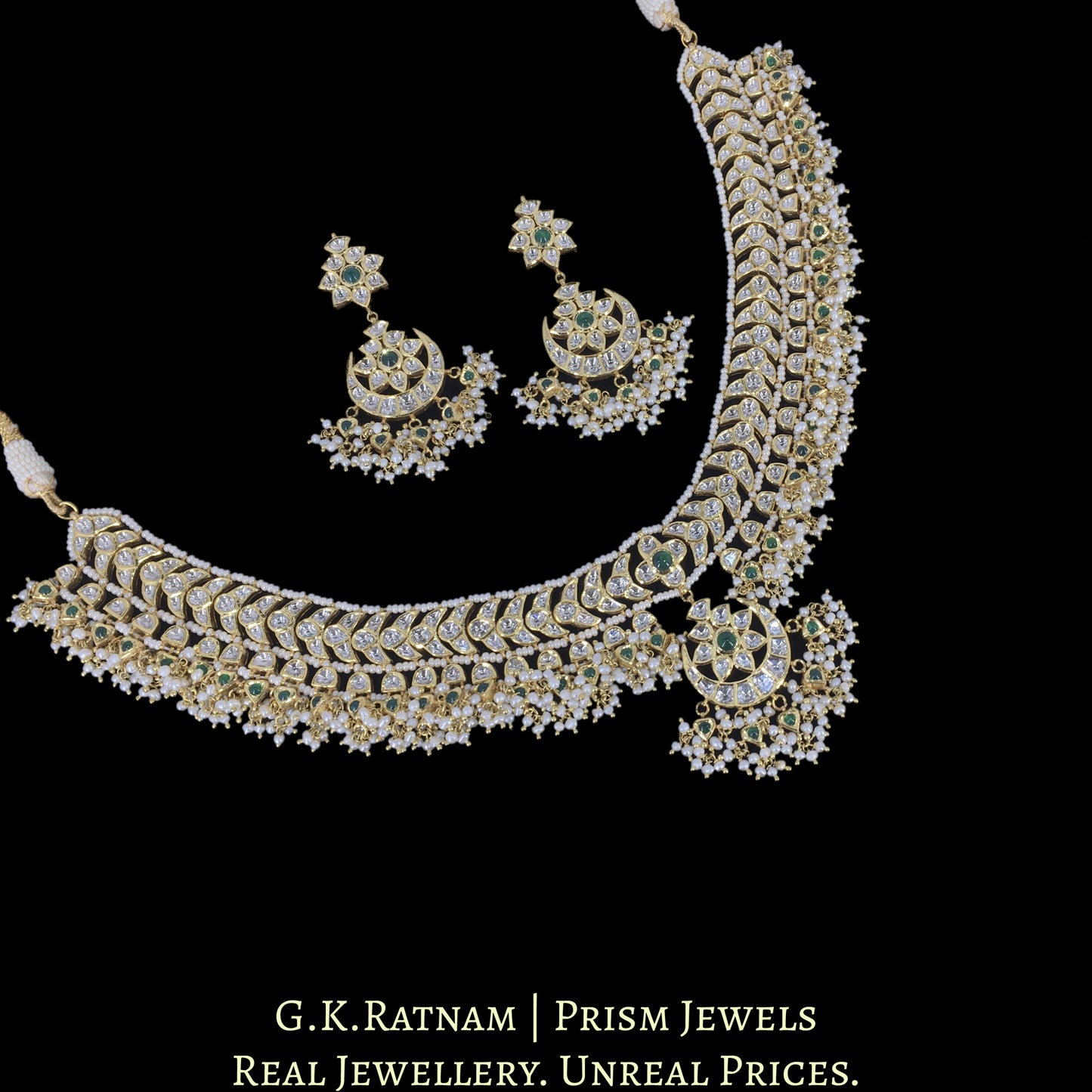 18k Gold and Diamond Polki Necklace Set with concentric crescents and heart-shaped drops