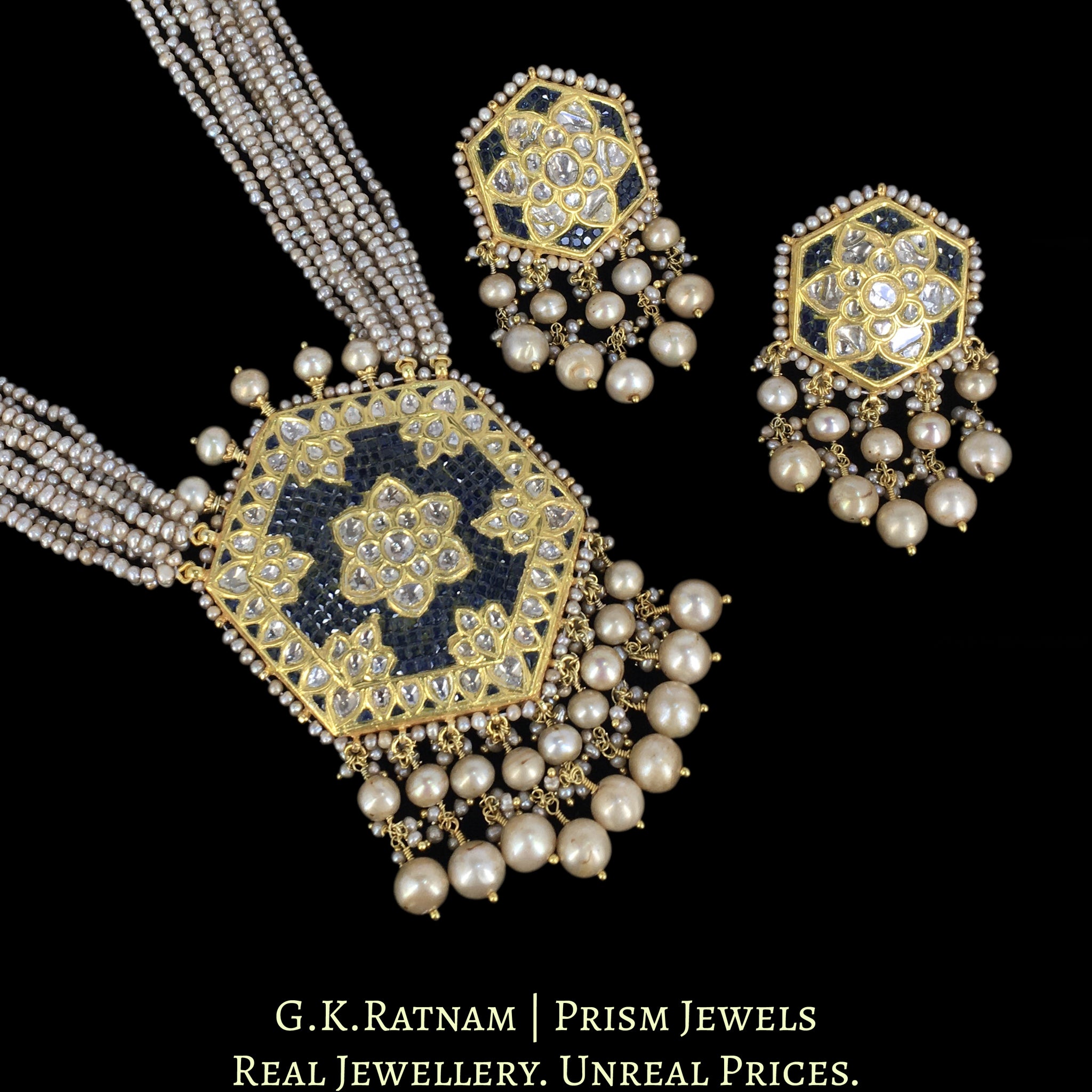 23k Gold and Diamond Polki Hexagonal Pendant Set with Antiqued Hyderabadi Pearls