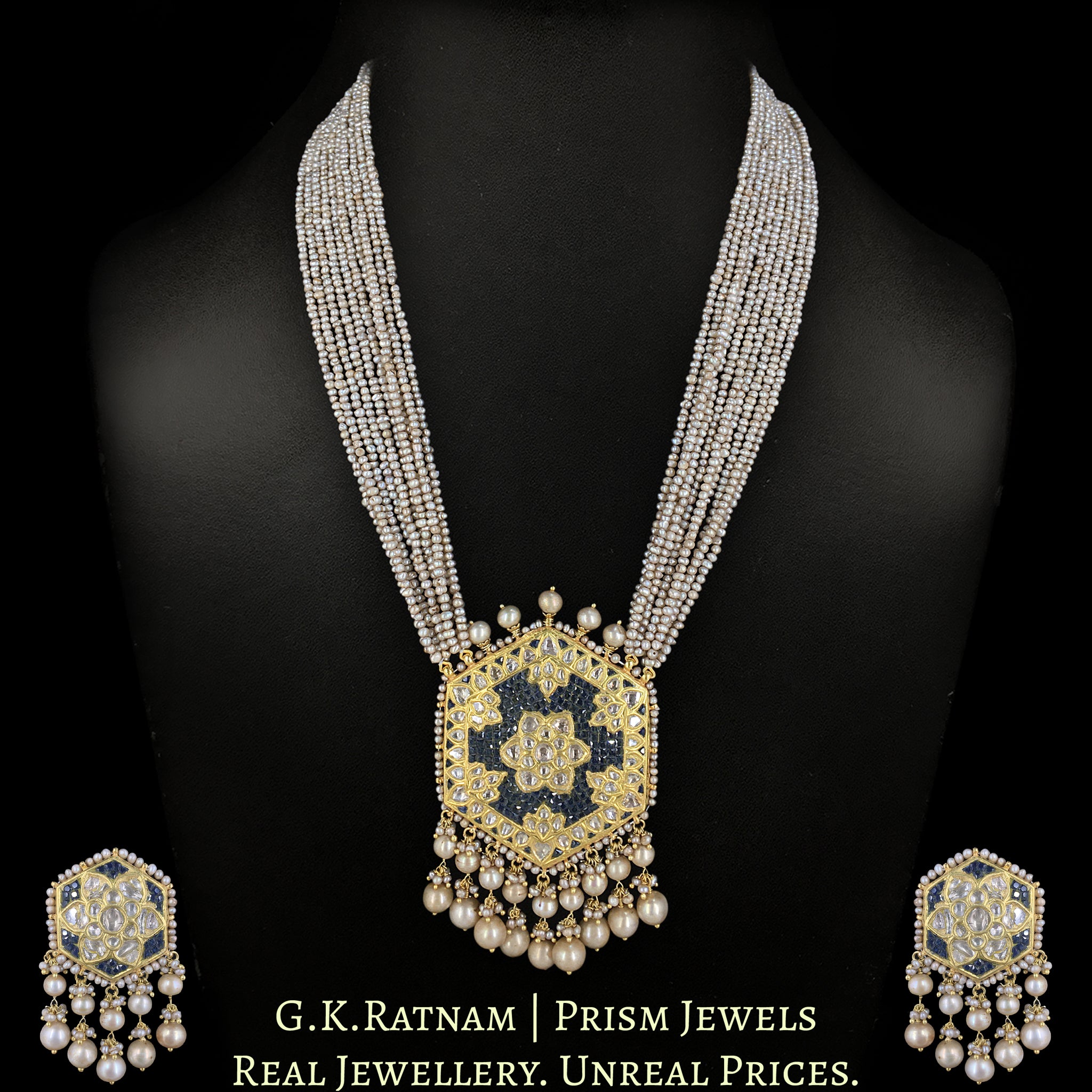 23k Gold and Diamond Polki Hexagonal Pendant Set with Antiqued Hyderabadi Pearls