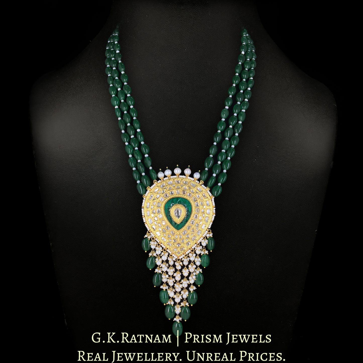 23k Gold and Diamond Polki Pendant Set with emerald-green Strawberry Quartz and Pearls - G. K. Ratnam