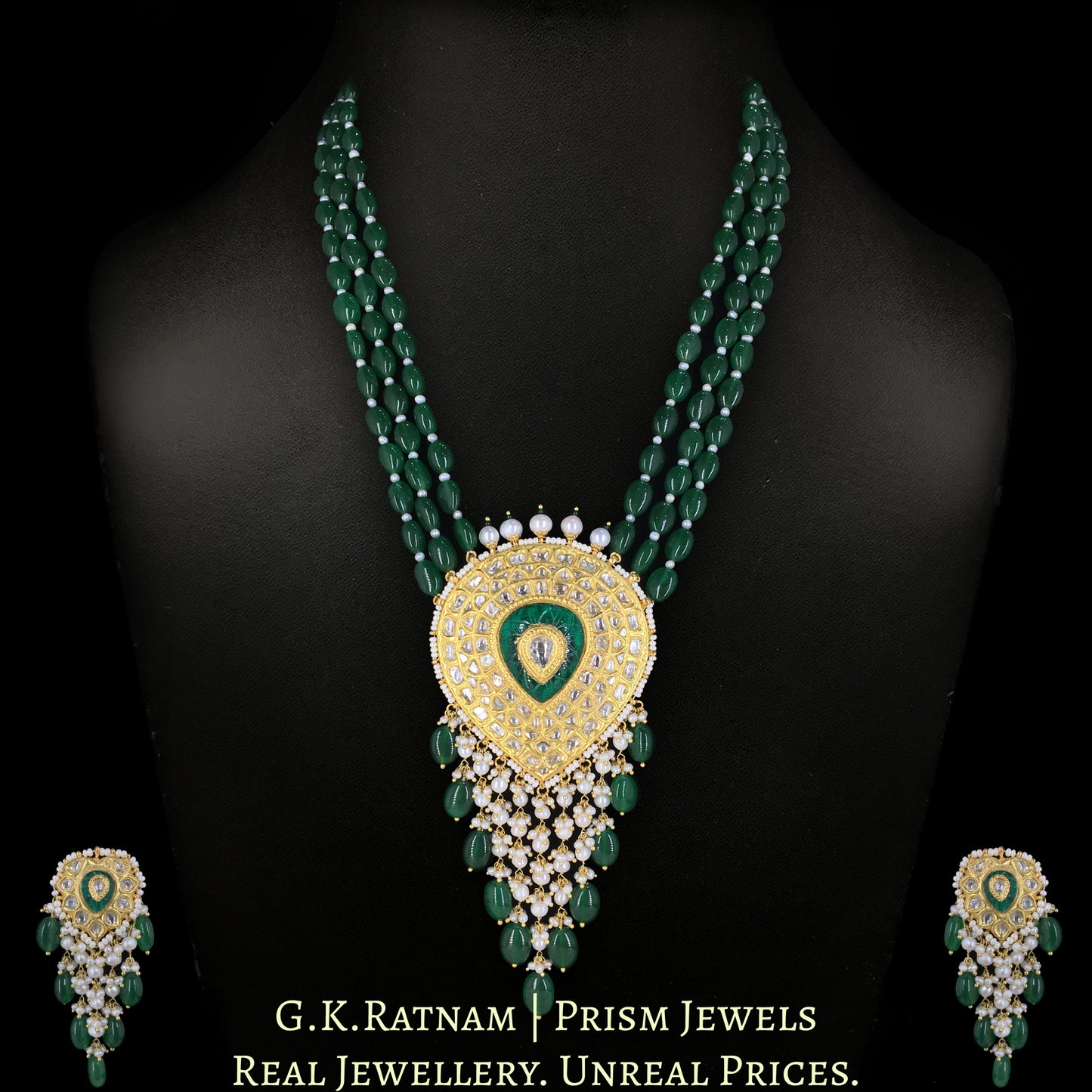 23k Gold and Diamond Polki Pendant Set with emerald-green Strawberry Quartz and Pearls - G. K. Ratnam