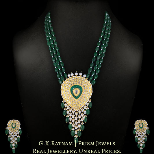 23k Gold and Diamond Polki Pendant Set with emerald-green Strawberry Quartz and Pearls - G. K. Ratnam