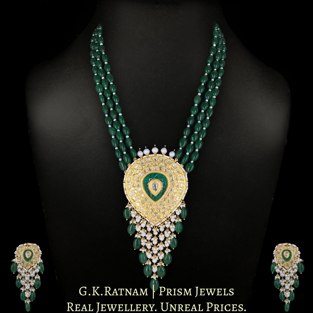 23k Gold and Diamond Polki Pendant Set with emerald-green Strawberry Quartz and Pearls