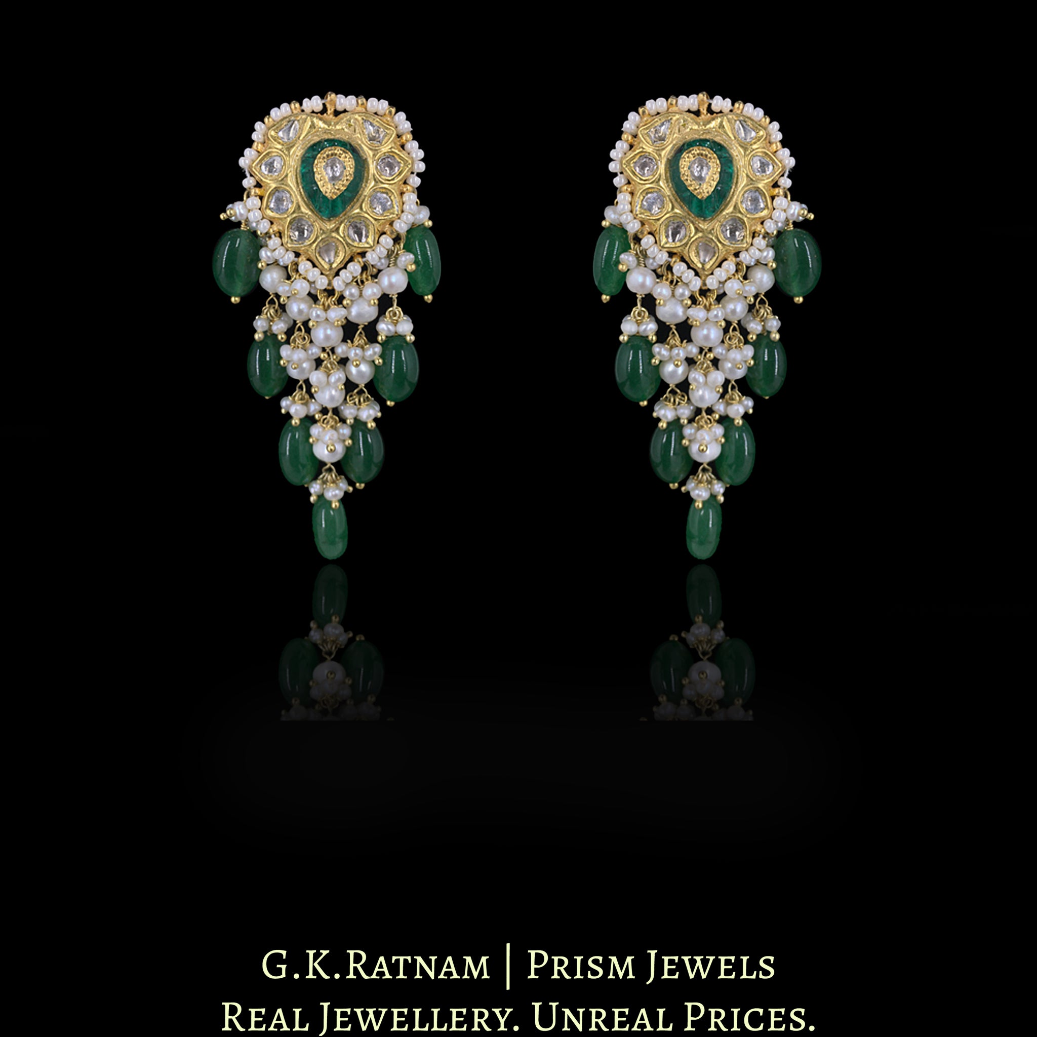 23k Gold and Diamond Polki Pendant Set with emerald-green Strawberry Quartz and Pearls