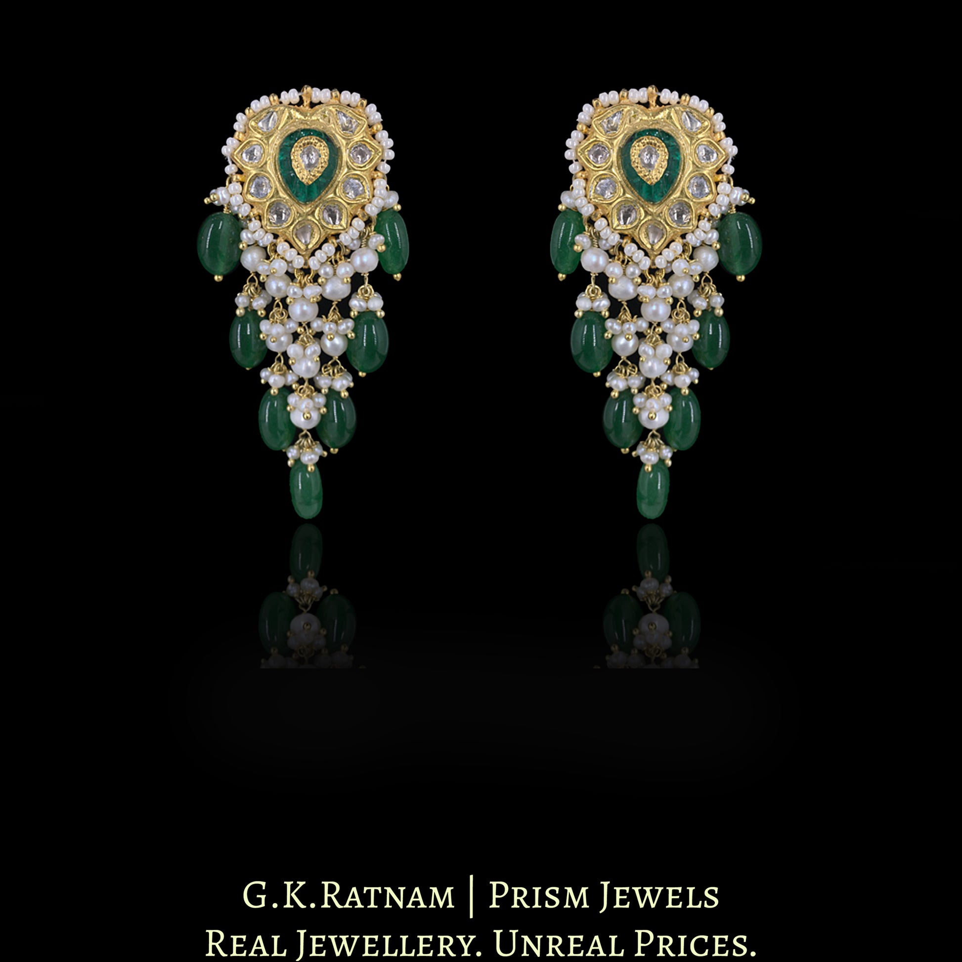 23k Gold and Diamond Polki Pendant Set with emerald-green Strawberry Quartz and Pearls - G. K. Ratnam