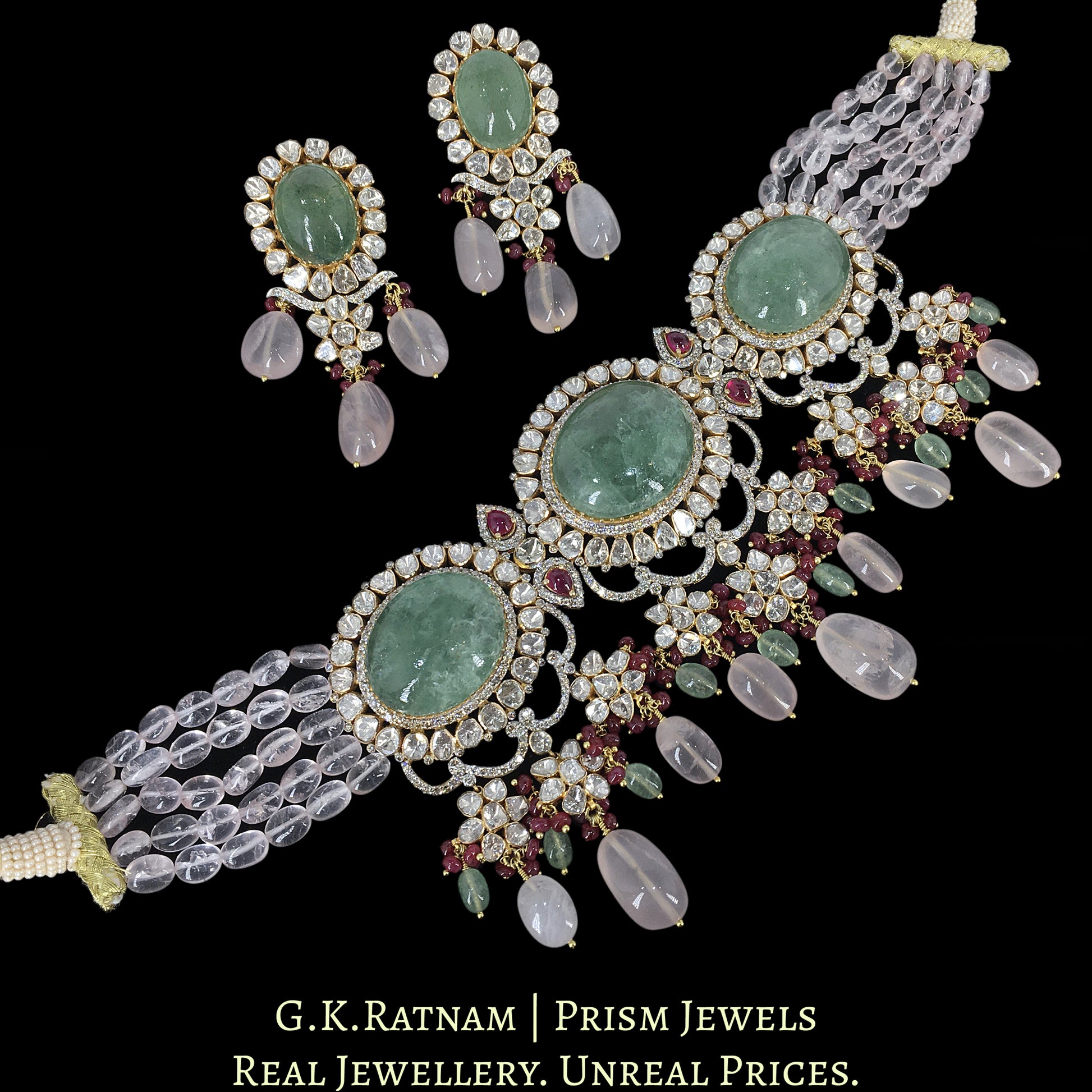 18k Gold and Diamond Polki Open Setting Necklace Set with Strawberry Quartz and Rose Quartz - G. K. Ratnam
