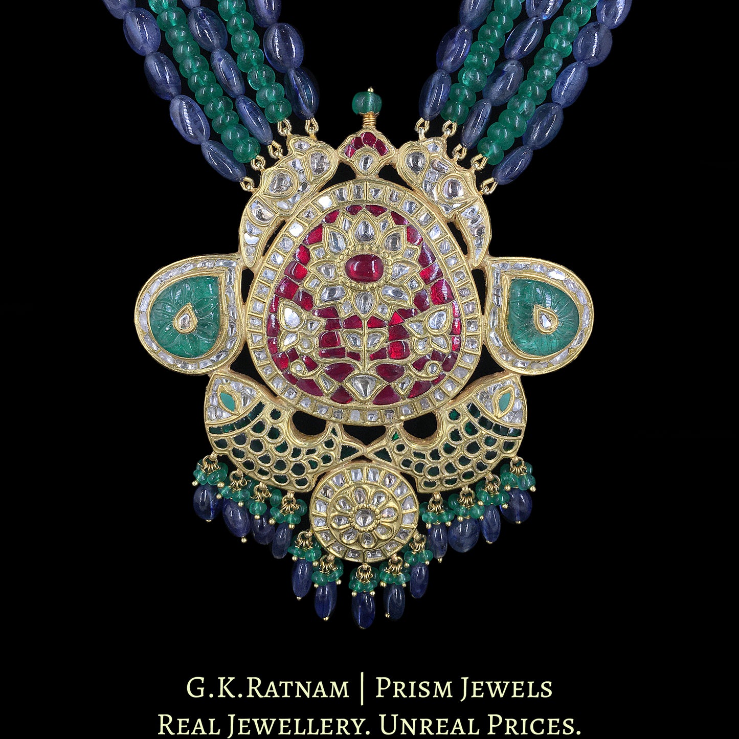 23k Gold and Diamond Polki hybrid Pendant Set with Blue Sapphires and Beryls