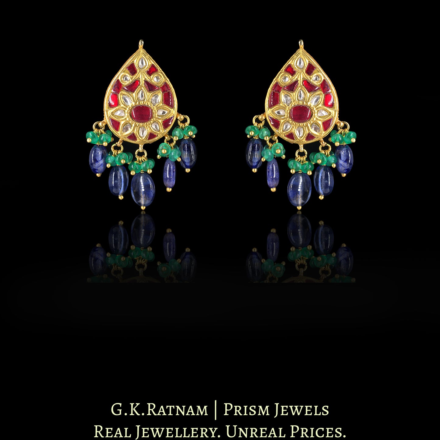 23k Gold and Diamond Polki hybrid Pendant Set with Blue Sapphires and Beryls