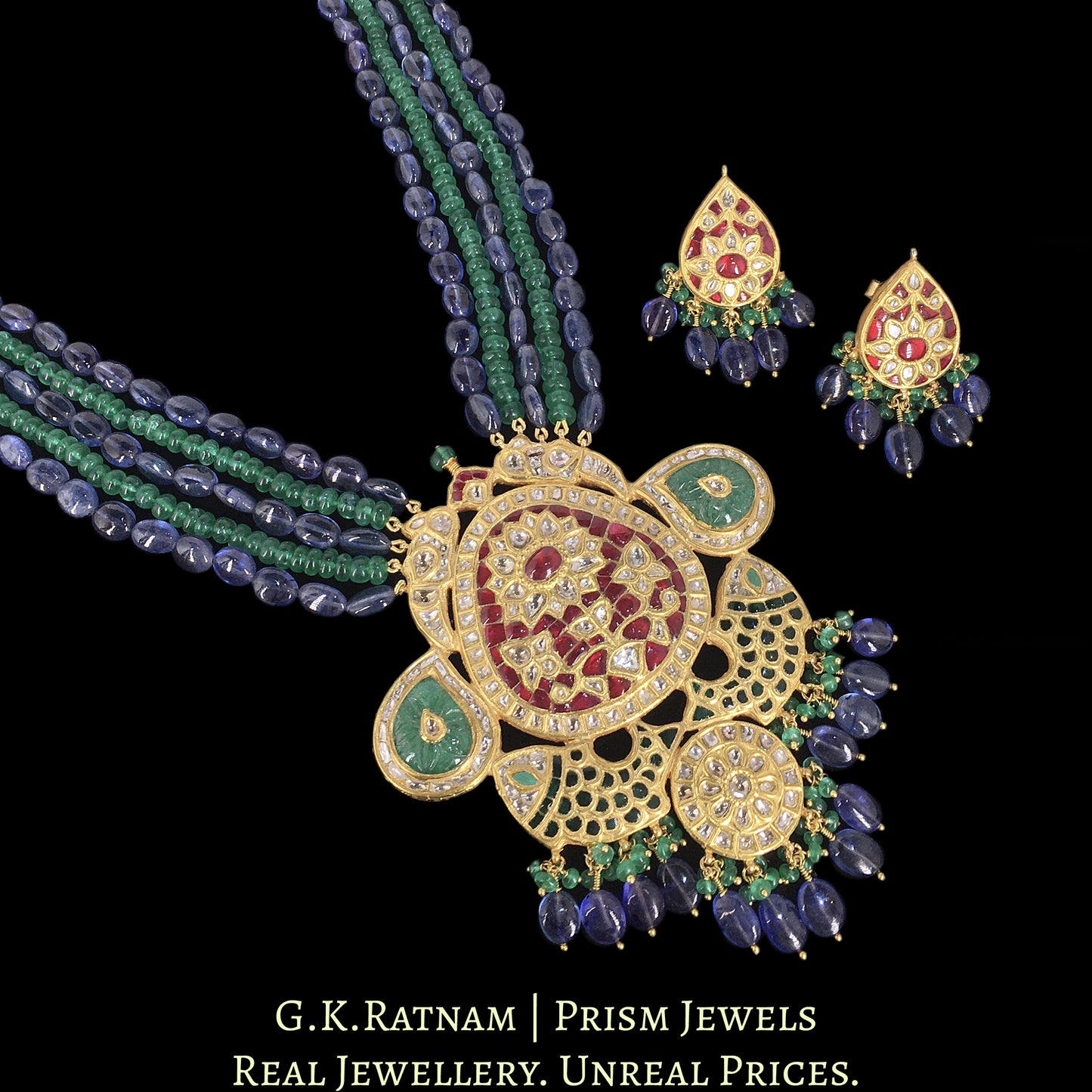 23k Gold and Diamond Polki hybrid Pendant Set with Blue Sapphires and Beryls