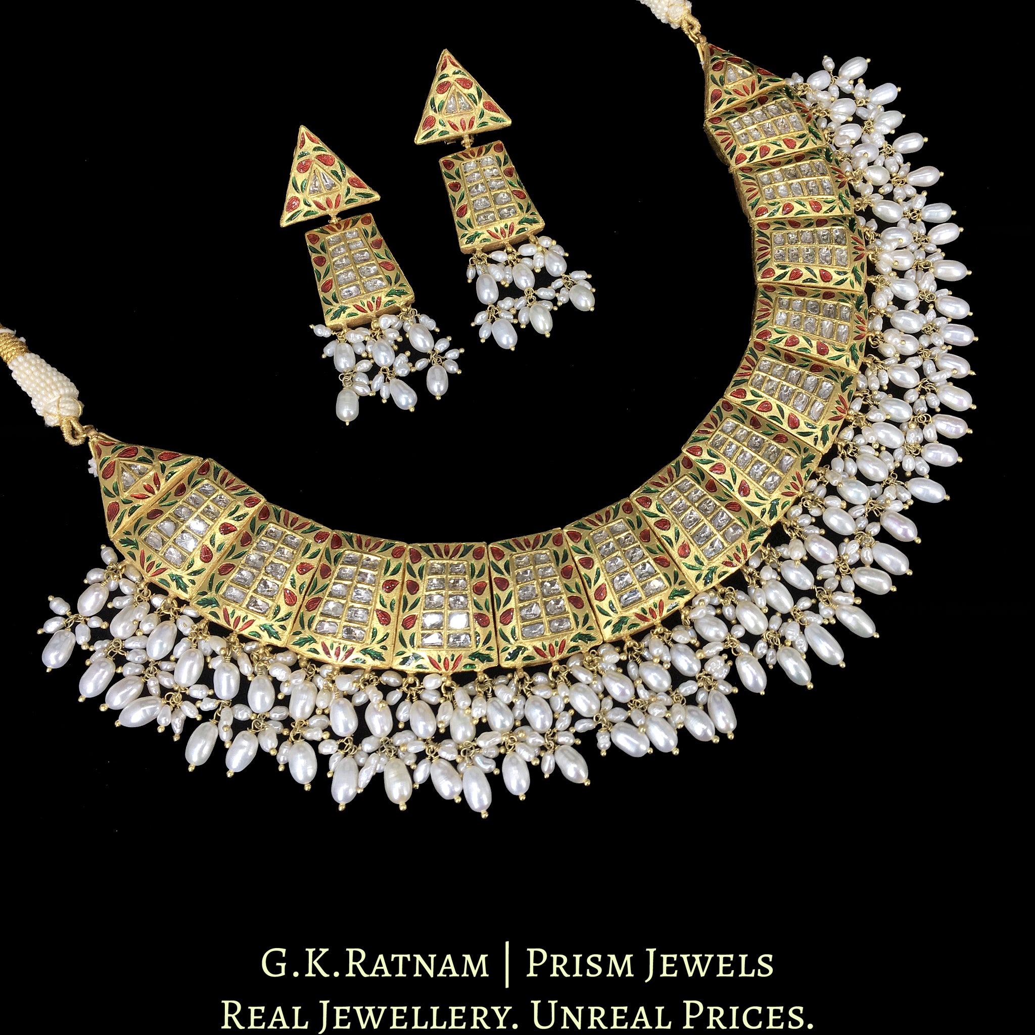 23k Gold and Diamond Polki Necklace Set with vibrant Meenakari