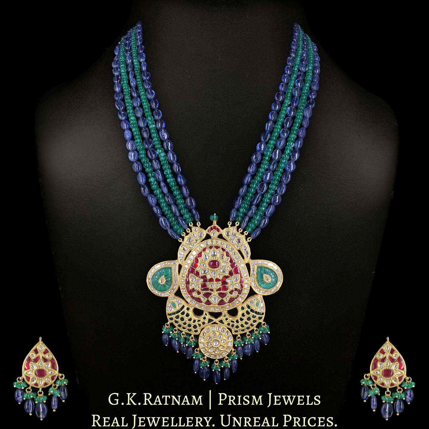 23k Gold and Diamond Polki hybrid Pendant Set with Blue Sapphires and Beryls