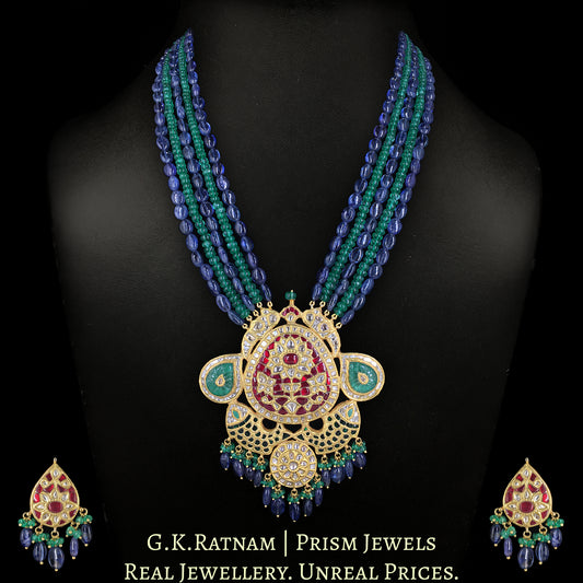 23k Gold and Diamond Polki hybrid Pendant Set with Blue Sapphires and Beryls - G. K. Ratnam