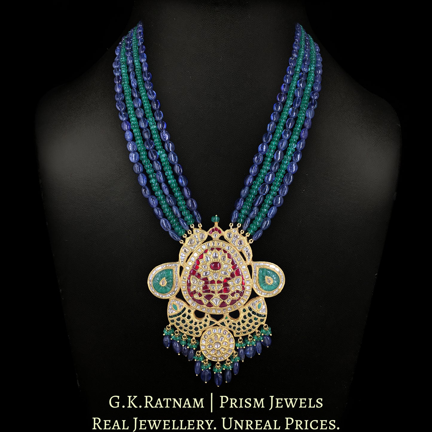 23k Gold and Diamond Polki hybrid Pendant Set with Blue Sapphires and Beryls