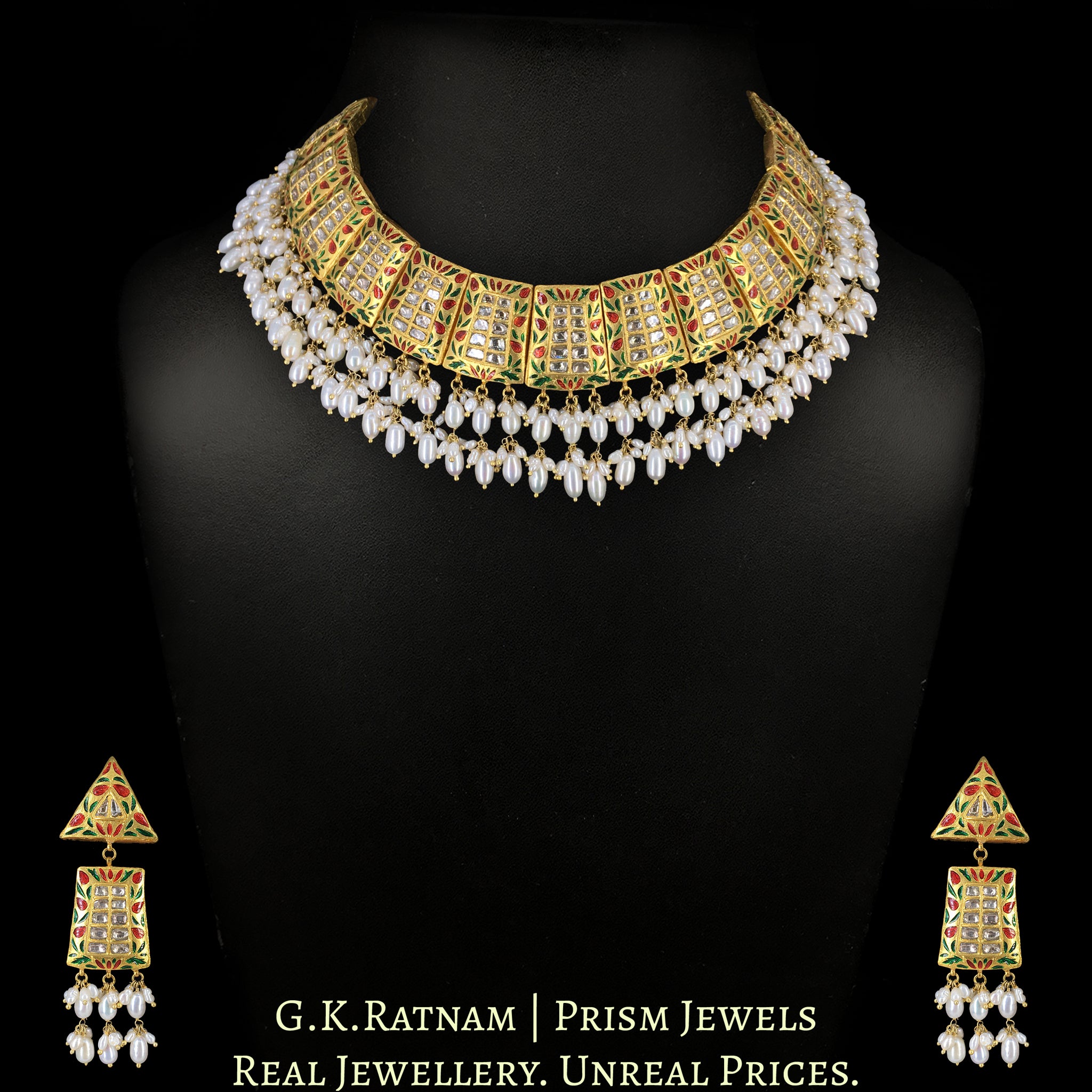 23k Gold and Diamond Polki Necklace Set with vibrant Meenakari