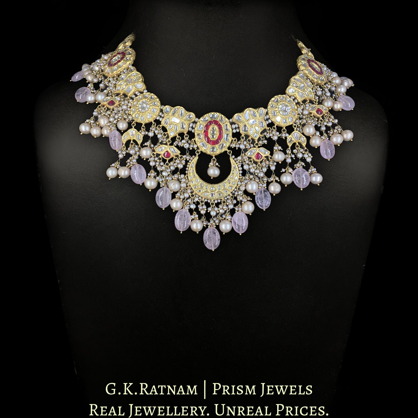 23k Gold and Diamond Polki Necklace Set with Antique Freshwater Pearls and Morganites