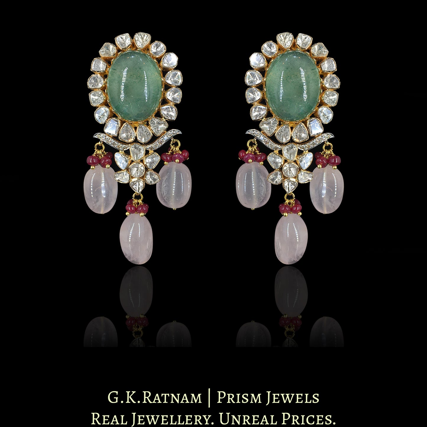 18k Gold and Diamond Polki Open Setting Necklace Set with Strawberry Quartz and Rose Quartz - G. K. Ratnam