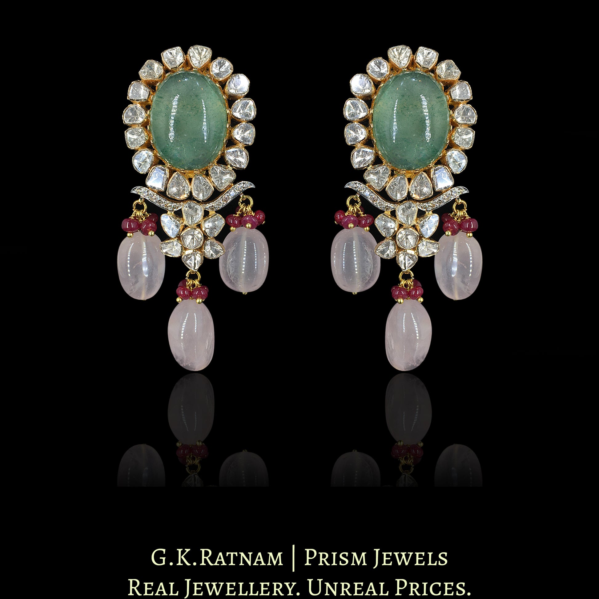 18k Gold and Diamond Polki Open Setting Necklace Set with Strawberry Quartz and Rose Quartz - G. K. Ratnam