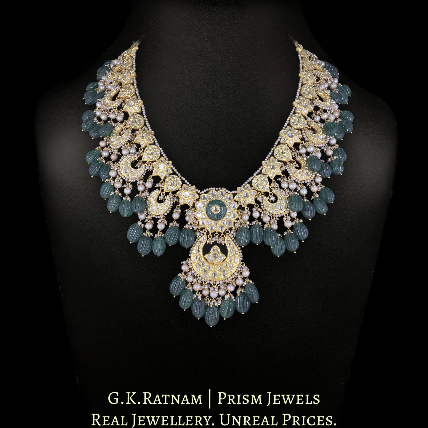23k Gold and Diamond Polki Long Necklace Set with Antiqued Freshwater Pearls and Strawberry Quartz Melons - G. K. Ratnam
