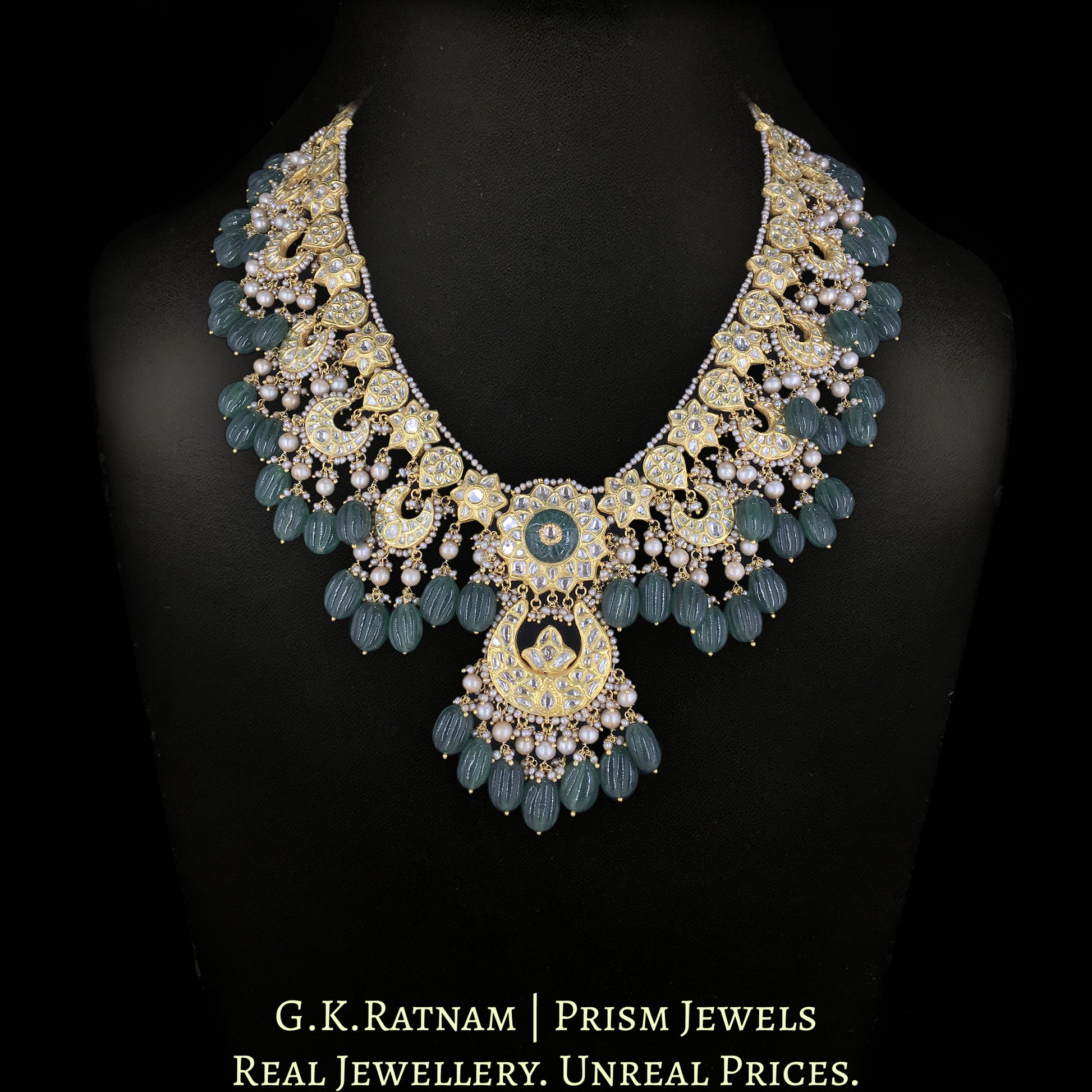 23k Gold and Diamond Polki Long Necklace Set with Antiqued Freshwater Pearls and Strawberry Quartz Melons - G. K. Ratnam