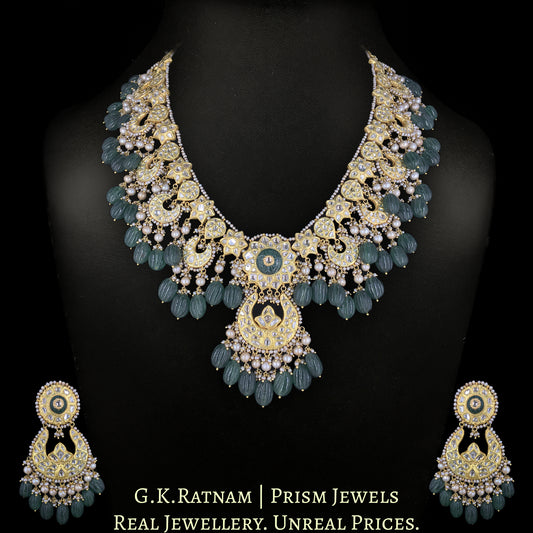 23k Gold and Diamond Polki Long Necklace Set with Antiqued Freshwater Pearls and Strawberry Quartz Melons - G. K. Ratnam